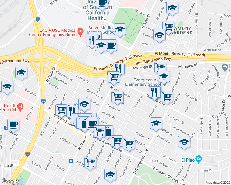 map of restaurants, bars, coffee shops, grocery stores, and more near 810 North Soto Street in Los Angeles
