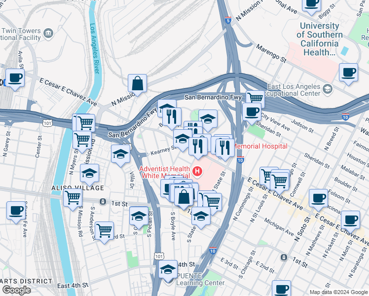 map of restaurants, bars, coffee shops, grocery stores, and more near 1814 Kearney Street in Los Angeles