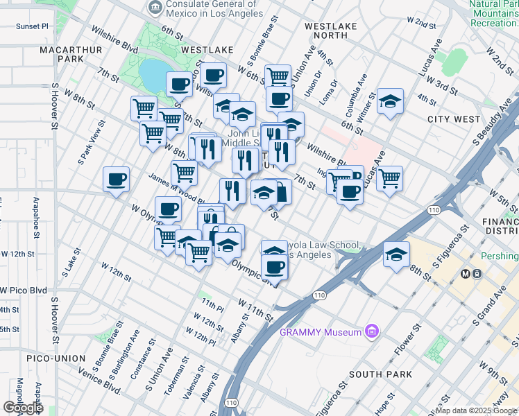 map of restaurants, bars, coffee shops, grocery stores, and more near 820 South Union Avenue in Los Angeles