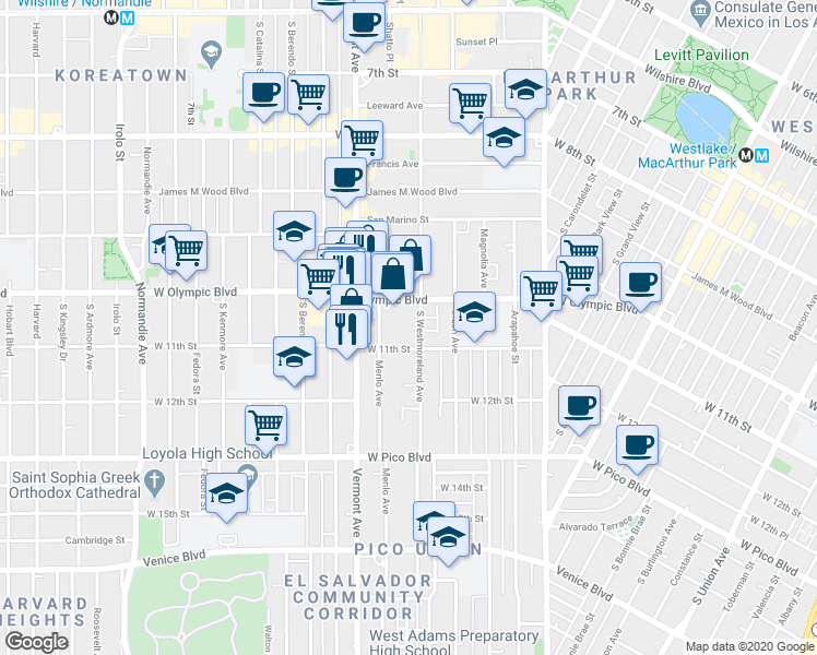 map of restaurants, bars, coffee shops, grocery stores, and more near 1030 Menlo Avenue in Los Angeles