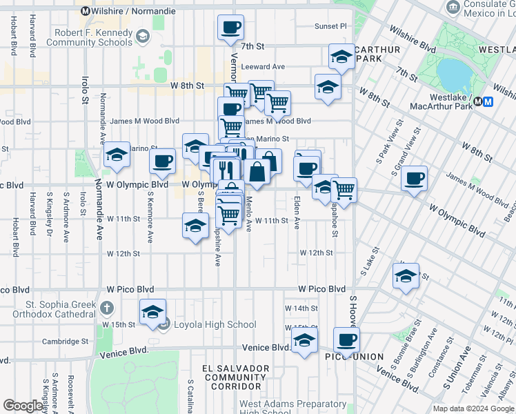 map of restaurants, bars, coffee shops, grocery stores, and more near 1030 Menlo Avenue in Los Angeles