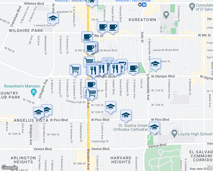 map of restaurants, bars, coffee shops, grocery stores, and more near 1039 South Serrano Avenue in Los Angeles