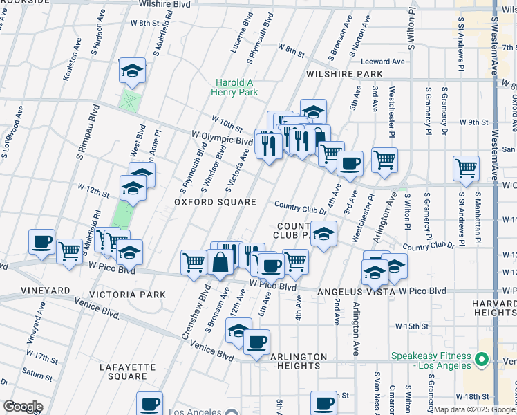 map of restaurants, bars, coffee shops, grocery stores, and more near 1140 Crenshaw Boulevard in Los Angeles
