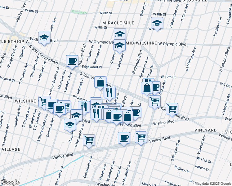 map of restaurants, bars, coffee shops, grocery stores, and more near 1270 South Cloverdale Avenue in Los Angeles