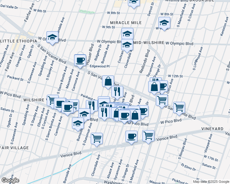 map of restaurants, bars, coffee shops, grocery stores, and more near 1270 South Cloverdale Avenue in Los Angeles