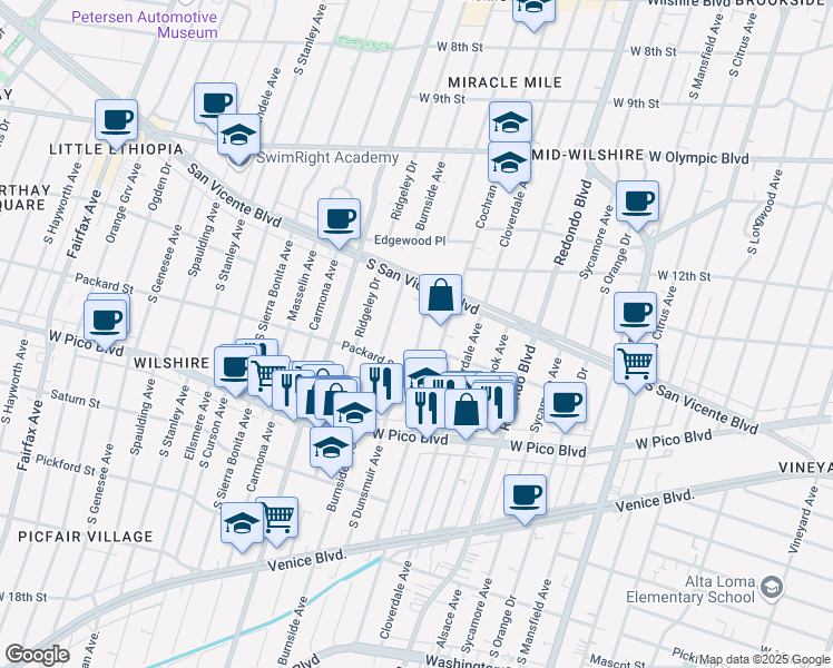 map of restaurants, bars, coffee shops, grocery stores, and more near 1262 South Burnside Avenue in Los Angeles