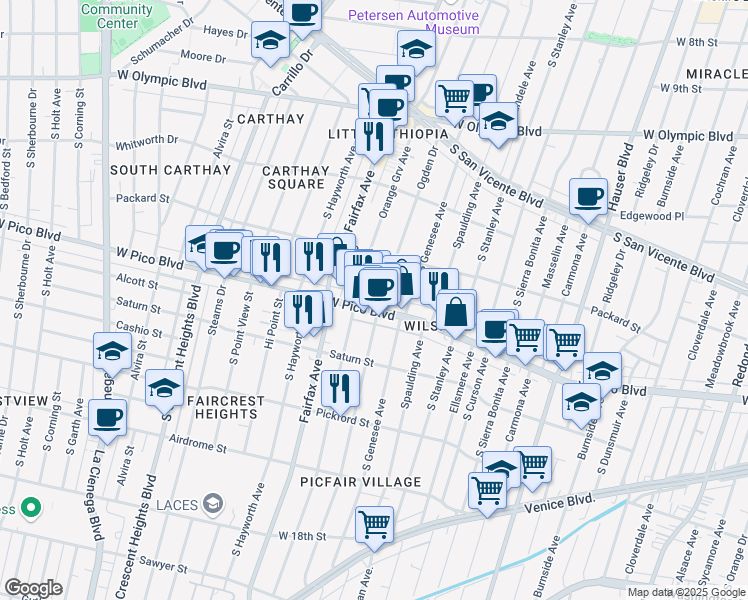 map of restaurants, bars, coffee shops, grocery stores, and more near West Pico Boulevard in Los Angeles