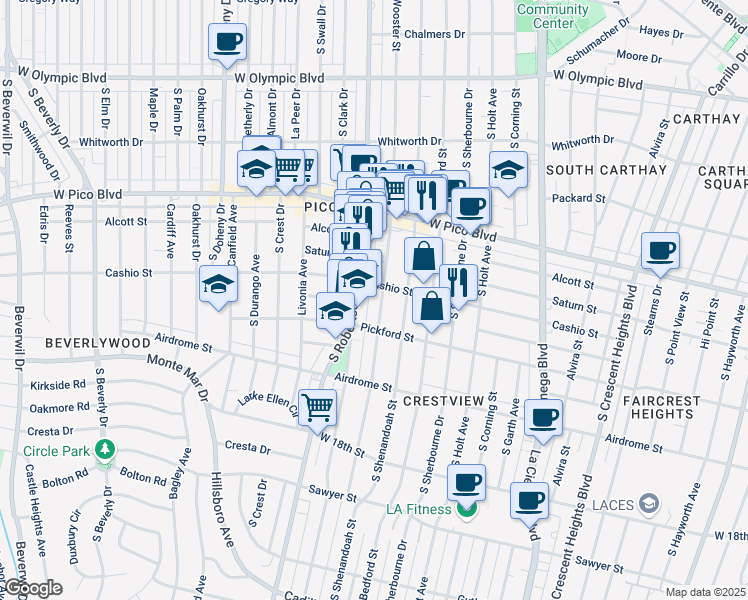 map of restaurants, bars, coffee shops, grocery stores, and more near 1518 South Robertson Boulevard in Los Angeles