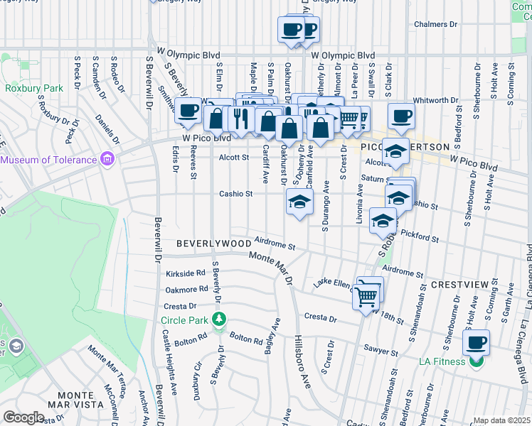 map of restaurants, bars, coffee shops, grocery stores, and more near 1534 Cardiff Avenue in Los Angeles