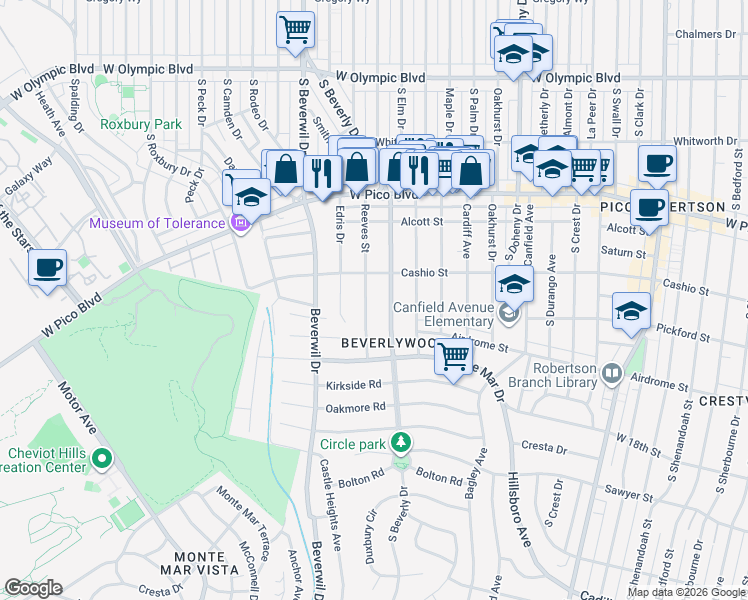 map of restaurants, bars, coffee shops, grocery stores, and more near 1535 Reeves Street in Los Angeles