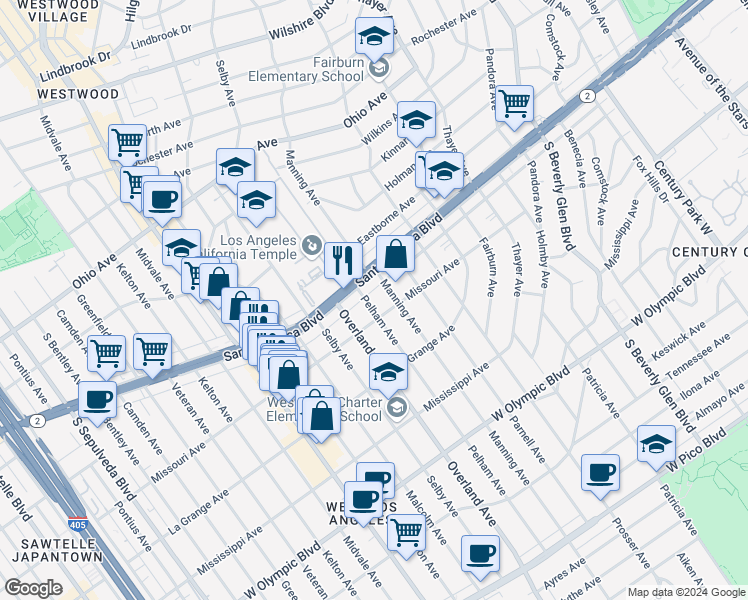map of restaurants, bars, coffee shops, grocery stores, and more near 1827 Manning Avenue in Los Angeles