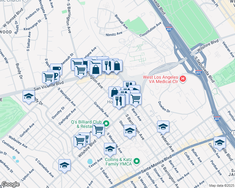 map of restaurants, bars, coffee shops, grocery stores, and more near 11661 Kiowa Avenue in Los Angeles