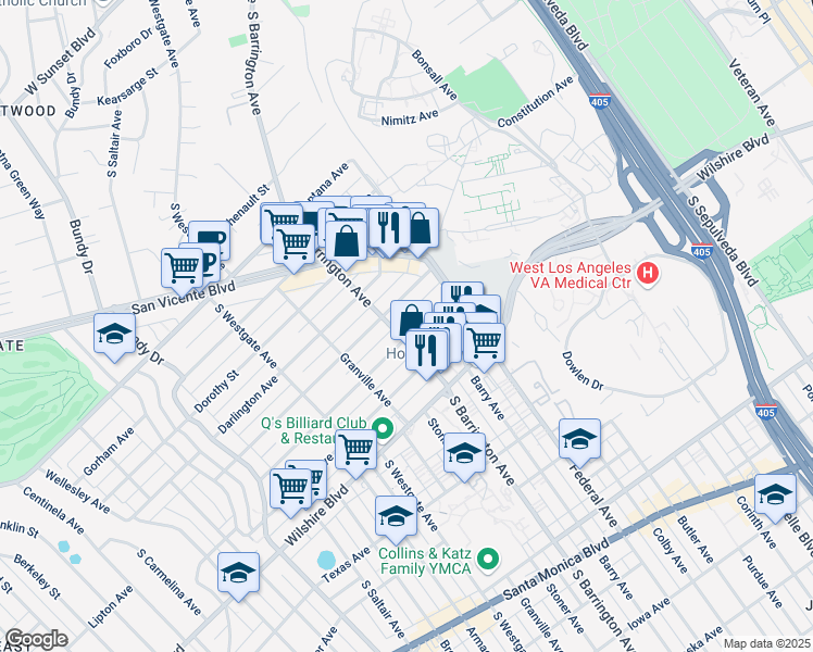 map of restaurants, bars, coffee shops, grocery stores, and more near 11663 Kiowa Avenue in Los Angeles