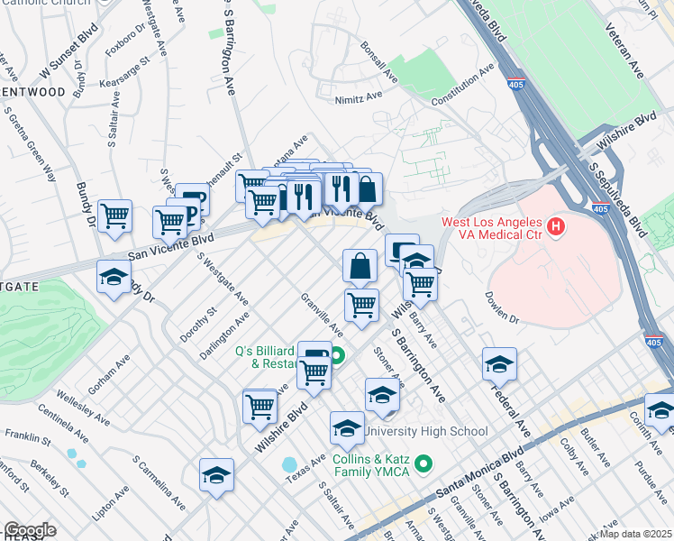 map of restaurants, bars, coffee shops, grocery stores, and more near 11714 Mayfield Avenue in Los Angeles
