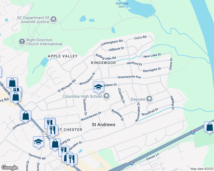 map of restaurants, bars, coffee shops, grocery stores, and more near 1803 Kathleen Drive in Columbia