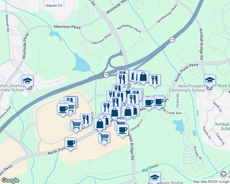 map of restaurants, bars, coffee shops, grocery stores, and more near 1275 North Point Drive in Alpharetta