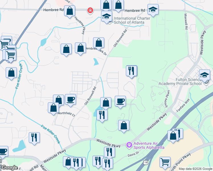 map of restaurants, bars, coffee shops, grocery stores, and more near 2004 Heyward Way in Alpharetta