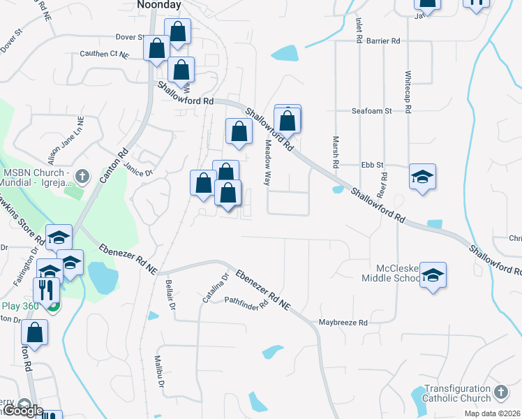 map of restaurants, bars, coffee shops, grocery stores, and more near 4177 Meadow Way in Marietta