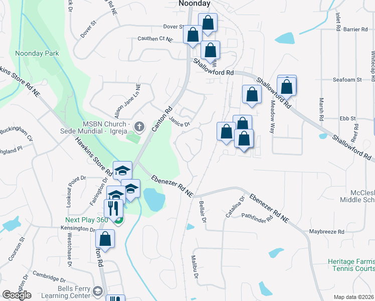 map of restaurants, bars, coffee shops, grocery stores, and more near 1054 Swaying Pines Trce in Marietta