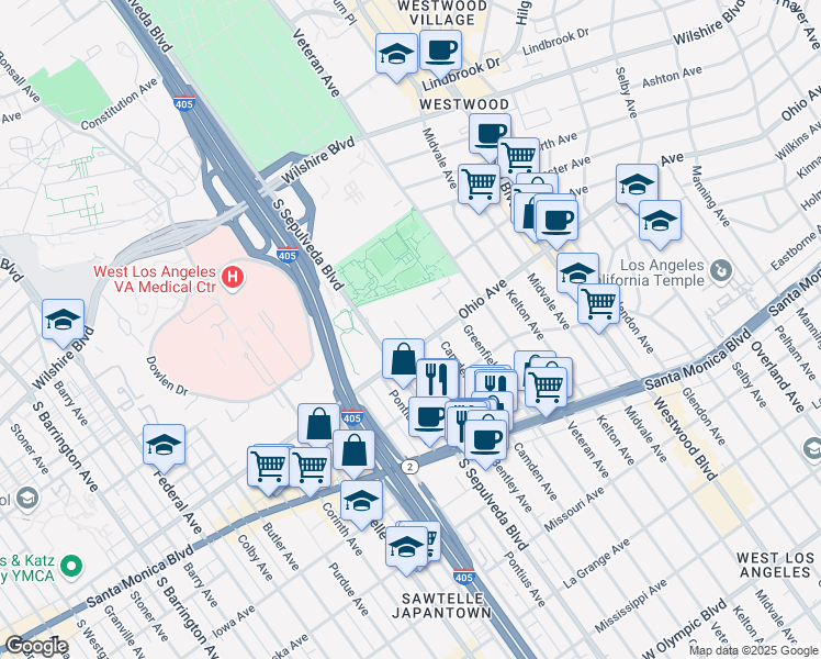 map of restaurants, bars, coffee shops, grocery stores, and more near 1422 South Bentley Avenue in Los Angeles