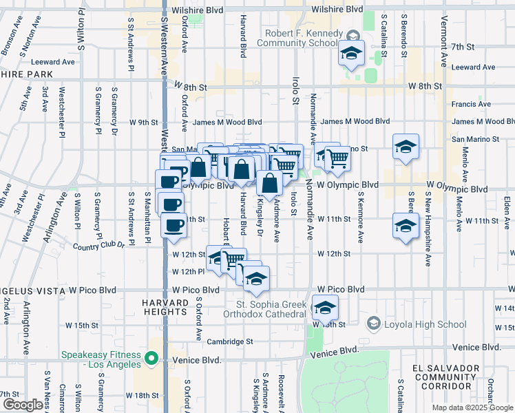 map of restaurants, bars, coffee shops, grocery stores, and more near 1039 South Kingsley Drive in Los Angeles