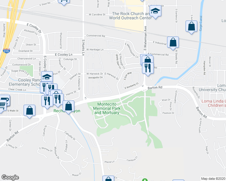 map of restaurants, bars, coffee shops, grocery stores, and more near 2647 Annapolis Circle in San Bernardino