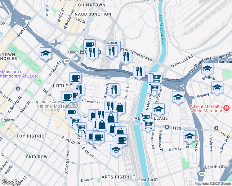 map of restaurants, bars, coffee shops, grocery stores, and more near 706 Ducommun Street in Los Angeles