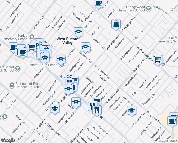 map of restaurants, bars, coffee shops, grocery stores, and more near 1128 N Orange Ave in La Puente