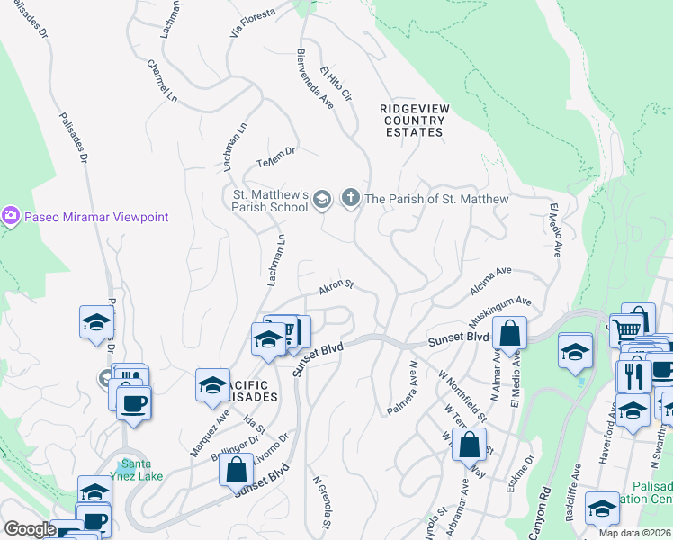 map of restaurants, bars, coffee shops, grocery stores, and more near 16505 Akron Street in Los Angeles