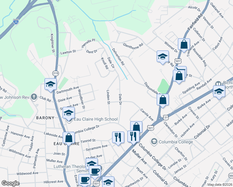 map of restaurants, bars, coffee shops, grocery stores, and more near 4823 Dale Drive in Columbia