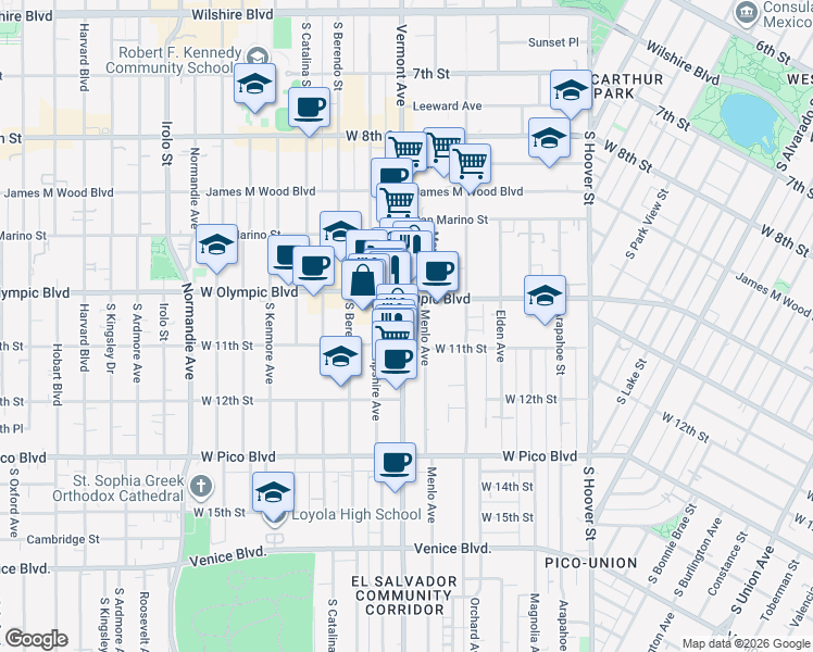 map of restaurants, bars, coffee shops, grocery stores, and more near 1044 Vermont Avenue in Los Angeles