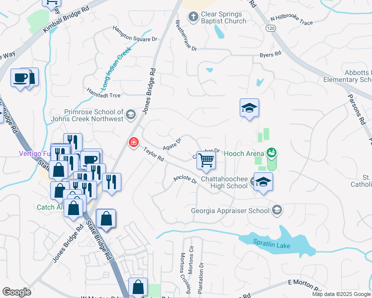 map of restaurants, bars, coffee shops, grocery stores, and more near 320 Bauxite Court in Alpharetta