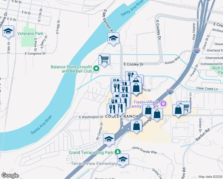map of restaurants, bars, coffee shops, grocery stores, and more near 1152 South Santo Antonio Drive in Colton
