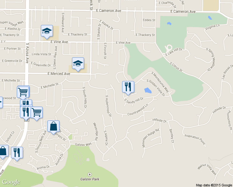 map of restaurants, bars, coffee shops, grocery stores, and more near 1310 South Hidden Valley Drive in West Covina