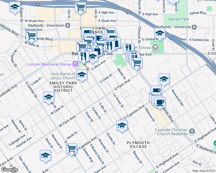 map of restaurants, bars, coffee shops, grocery stores, and more near 326 Nordina Street in Redlands