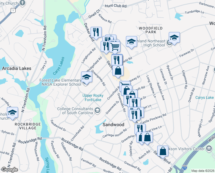 map of restaurants, bars, coffee shops, grocery stores, and more near 2224 Greenpines Road in Columbia