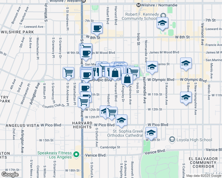 map of restaurants, bars, coffee shops, grocery stores, and more near 1038 South Hobart Boulevard in Los Angeles