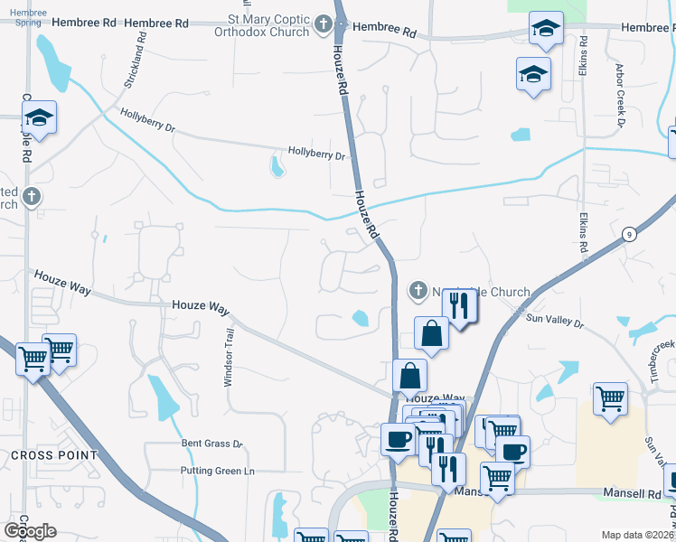 map of restaurants, bars, coffee shops, grocery stores, and more near 865 Whitehall Way in Roswell