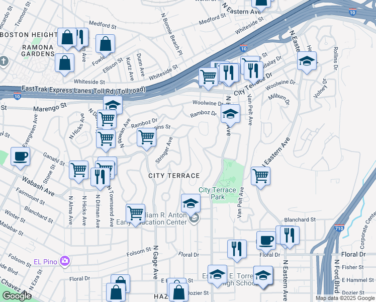 map of restaurants, bars, coffee shops, grocery stores, and more near 1159 Geraghty Avenue in Los Angeles