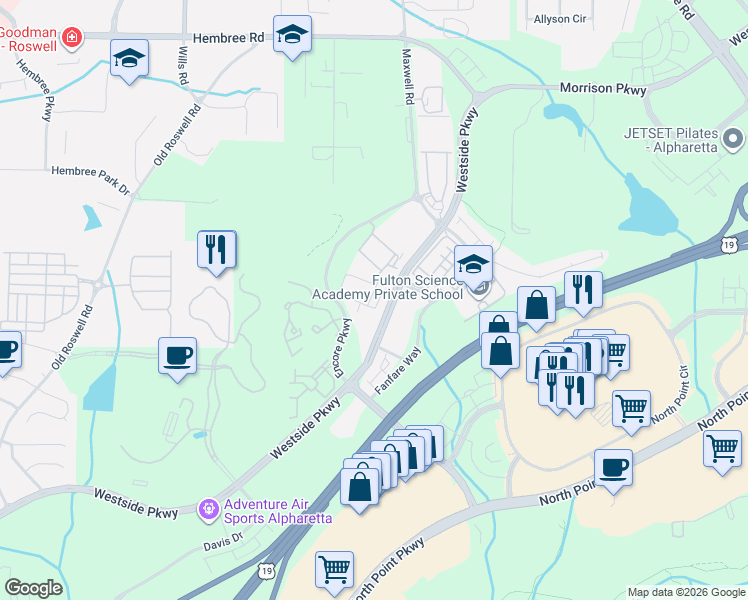 map of restaurants, bars, coffee shops, grocery stores, and more near 9600 Westside Parkway in Alpharetta