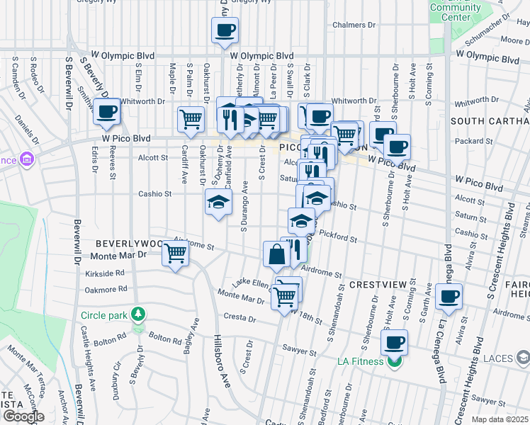 map of restaurants, bars, coffee shops, grocery stores, and more near 1532 South Crest Drive in Los Angeles