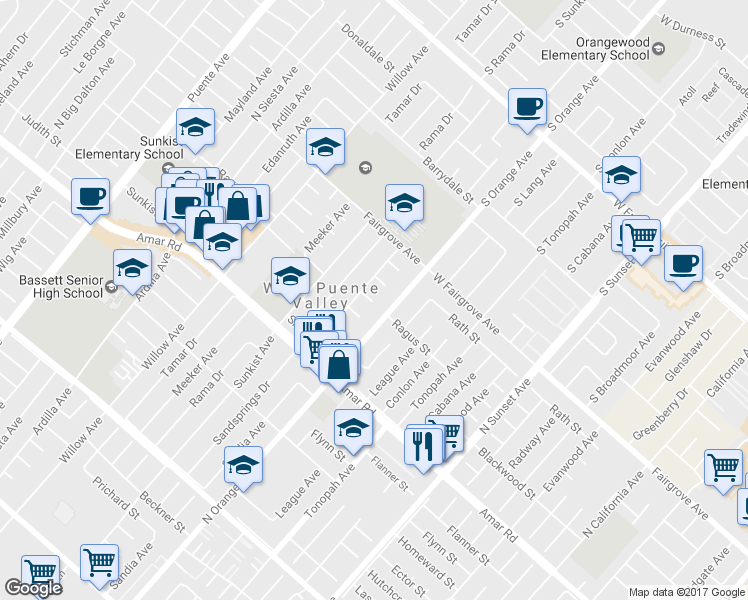 map of restaurants, bars, coffee shops, grocery stores, and more near 14319 Ragus Street in La Puente