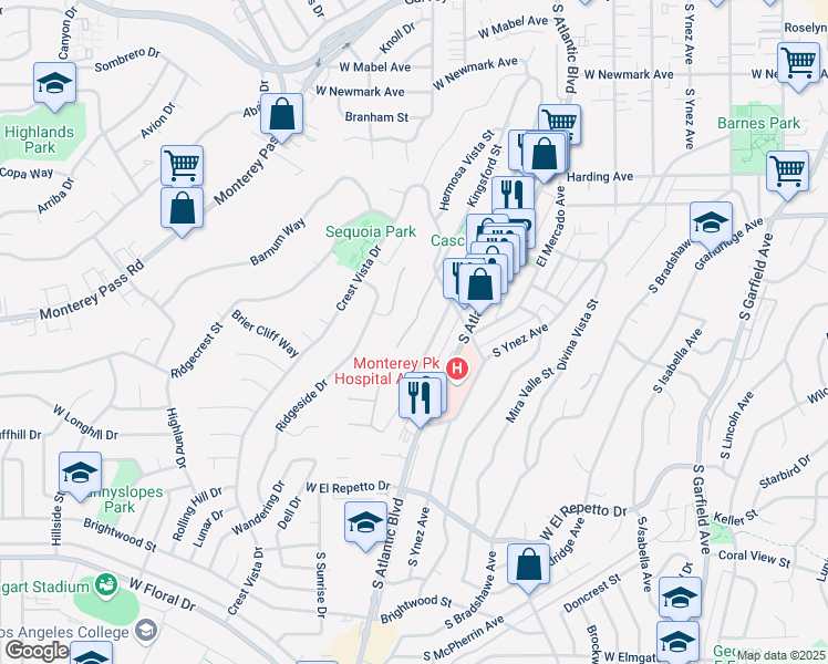 map of restaurants, bars, coffee shops, grocery stores, and more near 888 Kingsford Street in Monterey Park