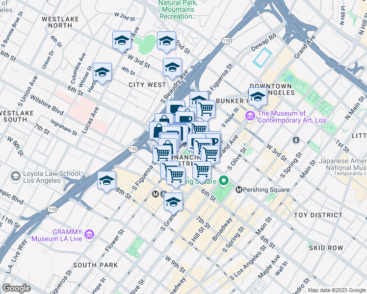 map of restaurants, bars, coffee shops, grocery stores, and more near 515 Flower Street in Los Angeles