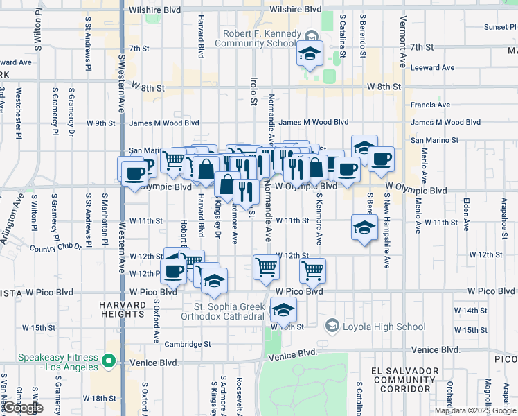 map of restaurants, bars, coffee shops, grocery stores, and more near 1036 Irolo Street in Los Angeles