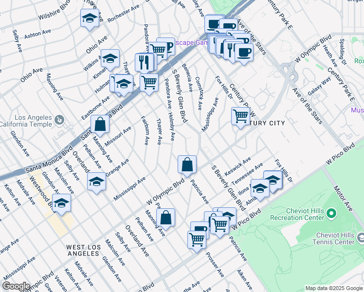map of restaurants, bars, coffee shops, grocery stores, and more near 2050 Holmby Avenue in Los Angeles