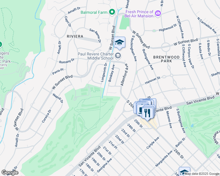 map of restaurants, bars, coffee shops, grocery stores, and more near 1328 Brinkley Avenue in Los Angeles