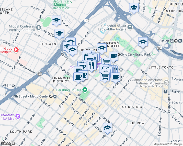 map of restaurants, bars, coffee shops, grocery stores, and more near 350 South Grand Avenue in Los Angeles