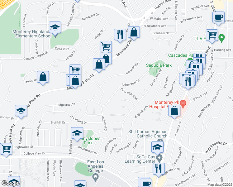 map of restaurants, bars, coffee shops, grocery stores, and more near 876 Ridgecrest Street in Monterey Park