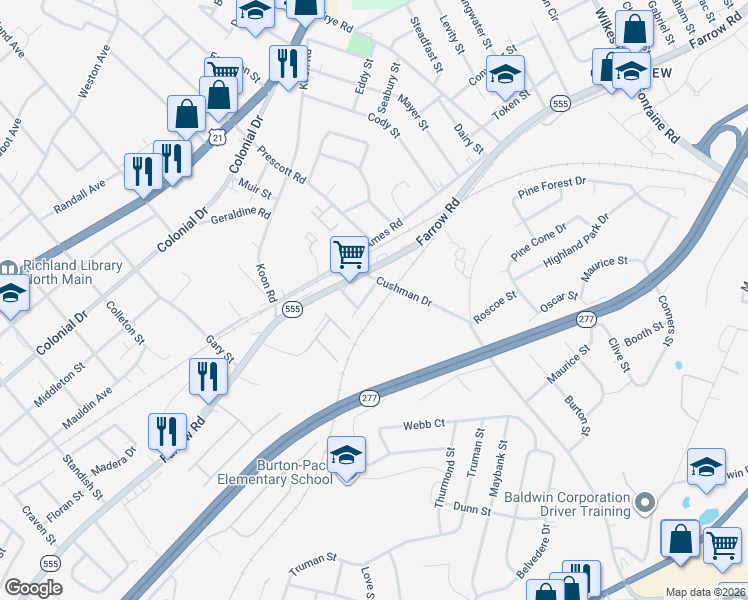 map of restaurants, bars, coffee shops, grocery stores, and more near 5626 Kirkland Street in Columbia